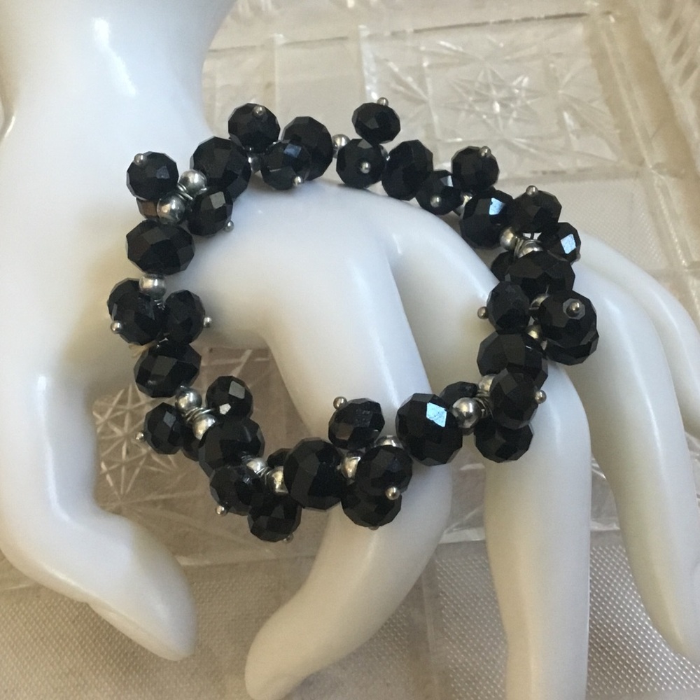Faceted Glass Black Bead Stretch Bracelet